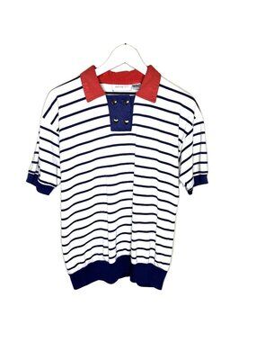 Vintage 80s Women's Striped Nautical-Style Polo Shirt, Heart Buttons, Small